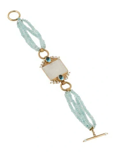 Pre-owned Bracelet Donna Chambers 14k Pearl, Mother-of-pearl, Aquamarine, & Topaz Station , 6.75" In Multi