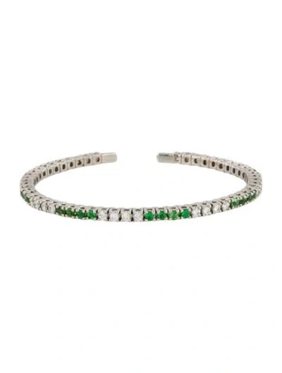 Pre-owned Bracelet Platinum Diamond & Tsavorite Garnet Cuff , 7" In Multi