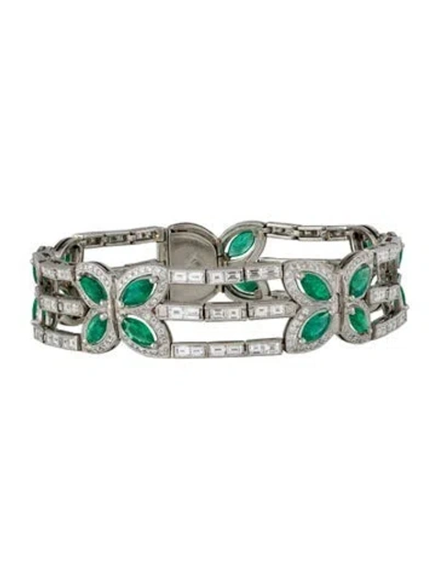 Pre-owned Bracelet Platinum Emerald & Diamond Link , 6.25" In Multi
