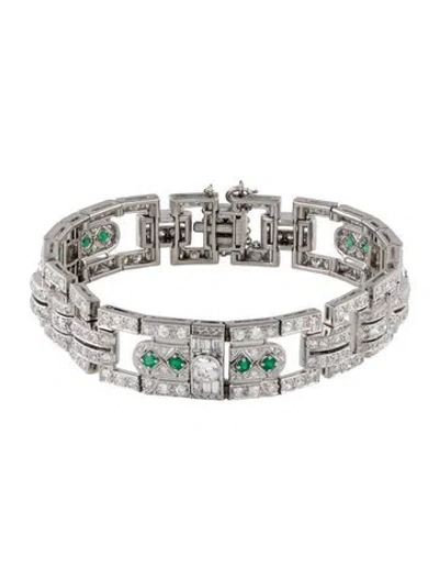 Pre-owned Bracelet Platinum Emerald & Diamond Link , 7" In Multi