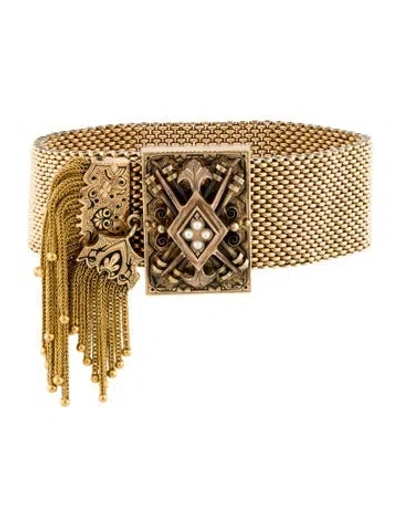 Pre-owned Bracelet Victorian 14k Cultured Pearl & Enamel Mesh Slide , 8.25" In Black