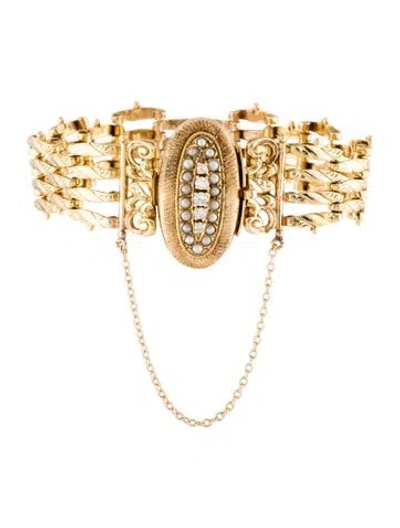 Pre-owned Bracelet Vintage 14k Pearl & Diamond , 6.5" In Multi
