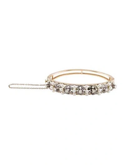 Pre-owned Bracelet Vintage 14k Pearl & Diamond Hinged Bangle, 6.5" In Multi
