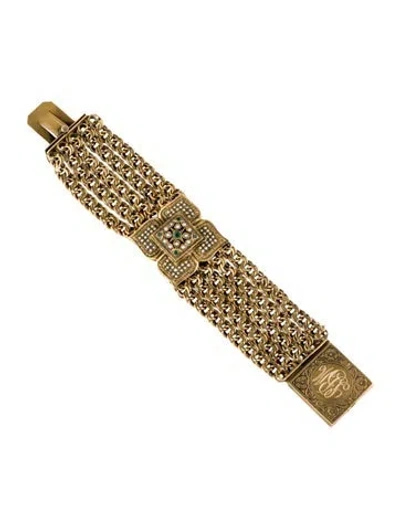 Pre-owned Bracelet Vintage 14k Pearl & Emerald Link , 6.25" In Multi