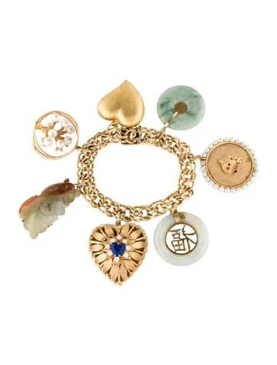 Pre-owned Bracelet Vintage 14k Pearl, Jadeite & Glass Seven-charm , 6.5" In Multi