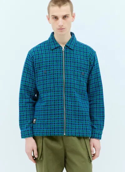 Brain Dead Check Mate Flannel Zip-up Shirt In Blue