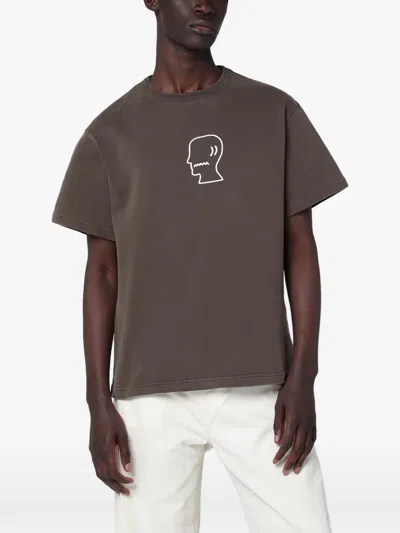 Brain Dead Brown Vintage-effect T-shirt With Embroidered Logo Men In Gray