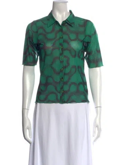 Pre-owned Brain Dead Graphic Print Short Sleeve Button-up Top In Green