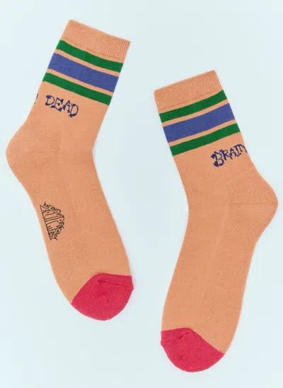 Brain Dead Logo Striped Quarter Socks In Brown