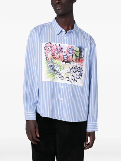 BRAIN DEAD STRIPED FLORAL-PRINT LONG-SLEEVES SHIRT