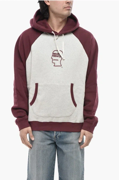 Brain Dead Two-tone Brushed Cotton Hoodie With Raised Logo In Burgundy
