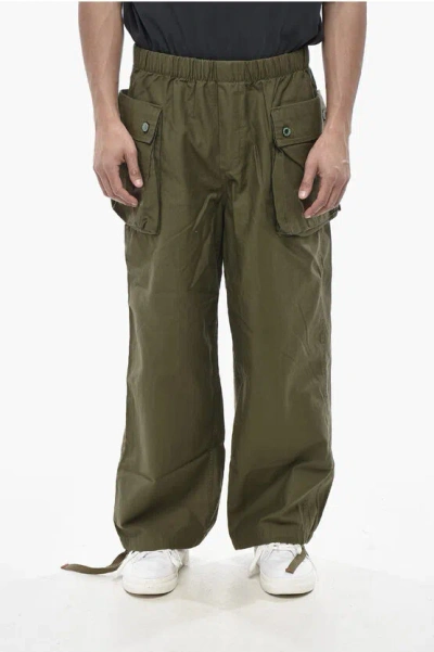 Brain Dead Wide-leg Cargo Pants Jungle With Elastic Waist In Green