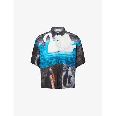 Braindead Mens Black Multi Graphic-print Shirt-sleeve Woven Shirt Xl