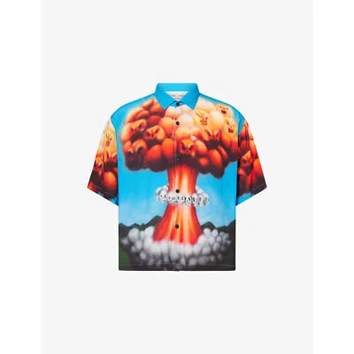 Braindead Mens Blue Multi Graphic-print Shirt-sleeve Woven Shirt