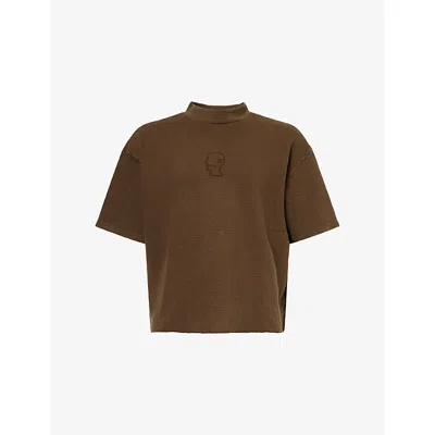 Braindead Mens Brown Boxy Waffle-knit Cotton T-shirt Xs