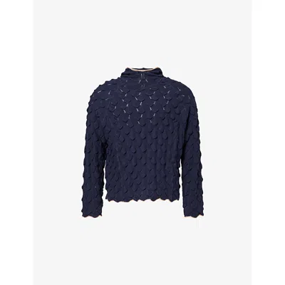 Braindead Mens Midnight Blue Bubble Knit Long-sleeve Woven Hoody