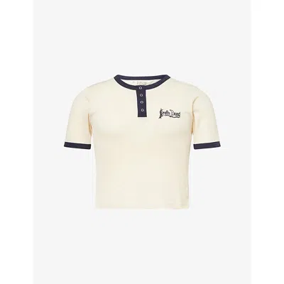 Braindead Mens Natural Logo-embroidered Henley-neck Cotton T-shirt In Pink