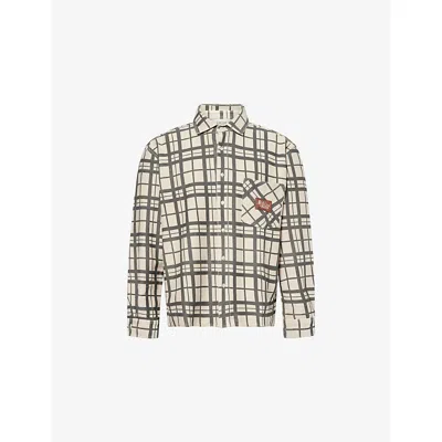 Braindead Mens Sand Plaid-pattern Logo-embroidered French-terry Shirt