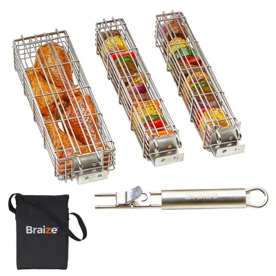 Braize 3-piece Stainless Steel Kabob Grilling Basket Set With Removable Handle & Storage Bag