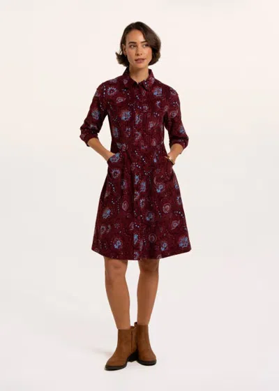 Brakeburn Ash Printed Baby Cord Shirt Dress In Burgundy