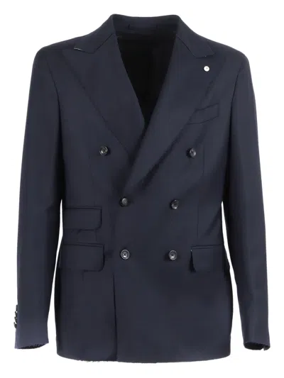 Brando Frayed Double-breasted Blazer In Blue