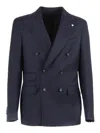 Brando-lubiam Double-breasted Structured Jacket With Distressed Edges In Blue