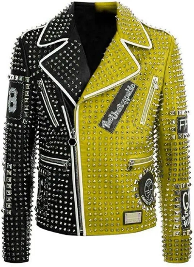 Pre-owned Brando Mens  Studded Spikes Punk Rock Motorcycle Multicolor Leather Jacket