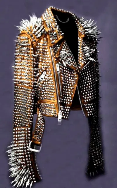 Pre-owned Brando Mens Punk Rock Full Long Spiked Studded  Rusty Leather Jacket Men Wear In Silver