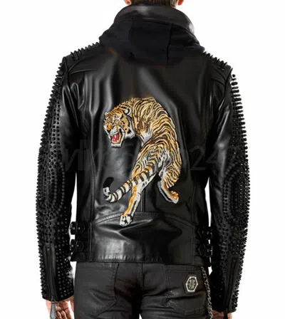 Pre-owned Brando Philip Plein Black Spiked Metal Studded Lion Printed Back Leather Hoodie