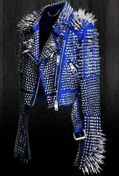 Pre-owned Brando Unisex Punk Rock Full Long Spiked Studded  Blue Leather Jacket