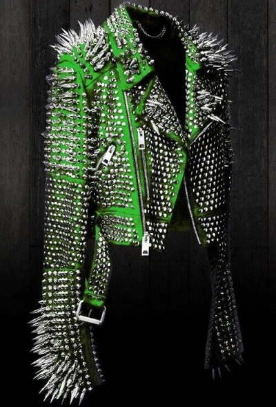 Pre-owned Brando Unisex Punk Rock Full Long Spiked Studded  Green Leather Jacket Wo Men