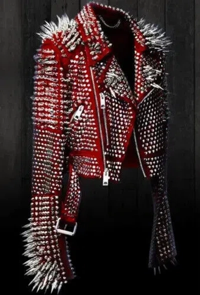 Pre-owned Brando Women Red Punk Full Long Silver Spiked Studded  Style Leather Jacket