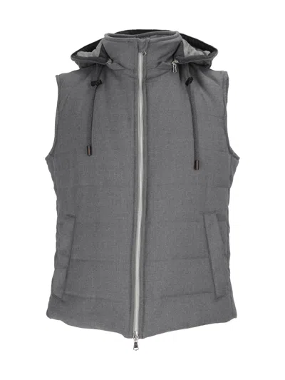 Brando-lubiam Sleeveless Padded Vest With High Collar And Adjustable Hood In Gray