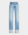 Brandon Maxwell The Alexa Belted Cuffed Straight Leg Jeans In Blue