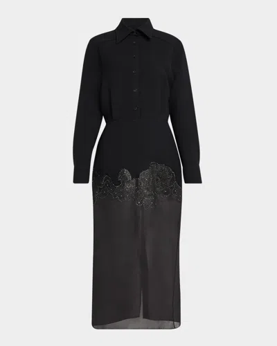 Brandon Maxwell Amelie Embroidered Sheer-skirt Midi Shirtdress In Black