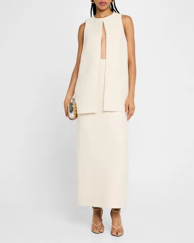 Brandon Maxwell Astrid Split-front Tiered Tea-length Dress In Oatmeal
