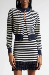 Brandon Maxwell The Aubrey Shrunken Knit Cashmere Cardigan In Navy Ivory Stripe