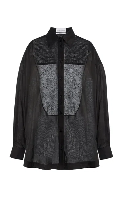 Brandon Maxwell Barrett Lace-panel Cotton Tuxedo Button-up In Black
