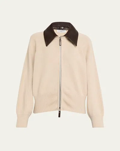 Brandon Maxwell Conrad Leather-collar Cashmere Zip Cardigan In Neutral