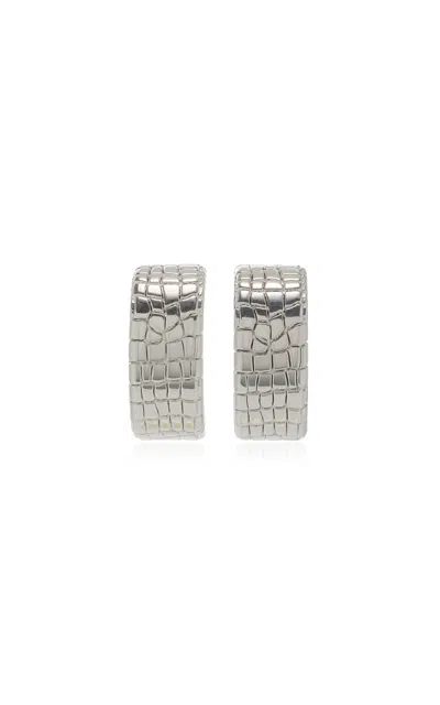 Brandon Maxwell Croc Effect Metal Huggie Earrings In Silver