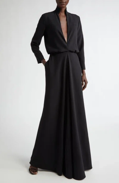 Brandon Maxwell Draped Plunge Neck Long Sleeve Gown In Black