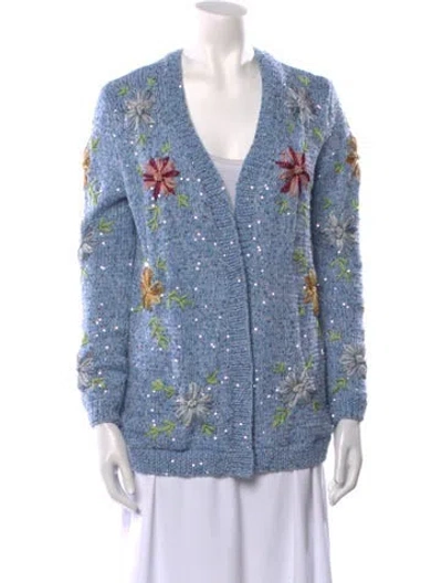 Pre-owned Brandon Maxwell Floral Print V-neck Sweater In Blue