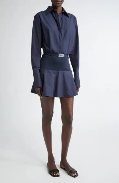 Brandon Maxwell Irene Long Sleeve Mixed Media Shirtdress In Navy