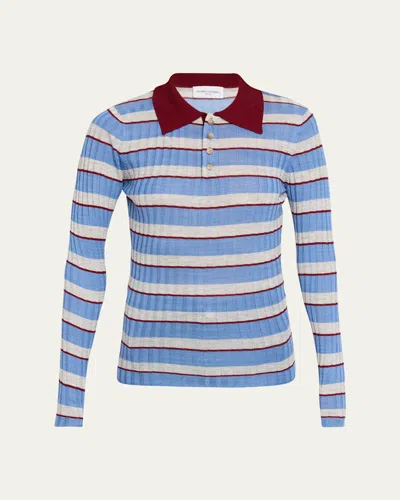 Brandon Maxwell Joni Knit Polo Long-sleeve Shirt In Blue