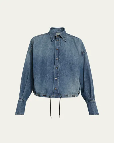 Brandon Maxwell Leland Denim Drawstring Bubble Shirt In Blue
