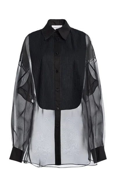 Brandon Maxwell Madox Cotton And Organza Sheer Tuxedo Button Up In Black