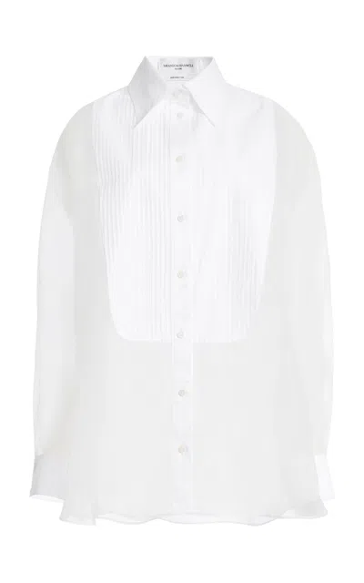 Brandon Maxwell Madox Cotton And Organza Sheer Tuxedo Button Up In White