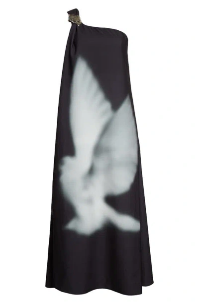 Brandon Maxwell Mae Dove Print One-shoulder Dress In Black