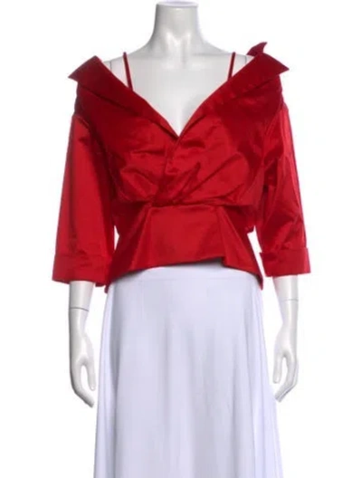 Pre-owned Brandon Maxwell Off-the-shoulder Three-quarter Sleeve Blouse In Red