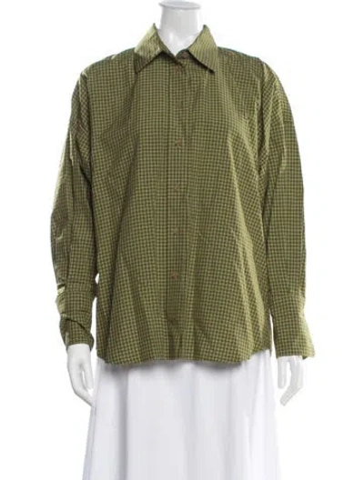 Pre-owned Brandon Maxwell Plaid Print Long Sleeve Button-up Top In Green